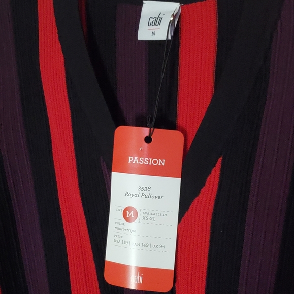 CABI Red Purple Stripe ROYAL PULLOVER CARDIGAN 3538 Sweater Long Sleeve MEDIUM - Picture 5 of 9